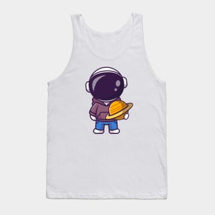 Cute Astronaut Holding Planet and Wearing Hoodie Cartoon Tank Top